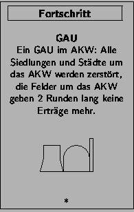 \FortschrittsKarte{GAU}{Ein GAU im AKW: Alle Siedlungen und St\uml {a}dte um
da...
...keine Ertr\uml {a}ge mehr.\\
\vfill\epsfig{file=AKW.ps,width=18mm}\\ \vfill*}
