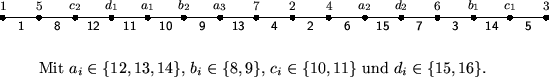 \begin{figure}
\begin{center}
\setlength{\unitlength}{0.8mm} \begin{picture}
(...
...in\{8,9\}$, $c_i\in\{10,11\}$\ und
$d_i\in\{15,16\}$.
\end{center}\end{figure}