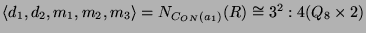 $ \langle
d_1,d_2,m_1,m_2,m_3\rangle = N_{C_{ON}(a_1)}(R) \cong 3^2:4(Q_8\times
2)$