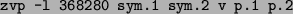 \begin{alltt}
\texttt{zvp}\index{MeatAxe!\texttt{zvp}} -l 368280 sym.1 sym.2 v p.1 p.2
\end{alltt}