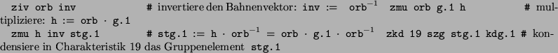\begin{alltt}
\texttt{ziv}\index{MeatAxe!\texttt{ziv}} orb inv  ...
