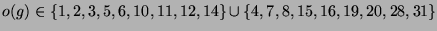 $ o(g) \in \{1, 2, 3, 5, 6, 10,
11, 12, 14\}\cup\{4, 7, 8, 15, 16, 19, 20, 28, 31 \}$
