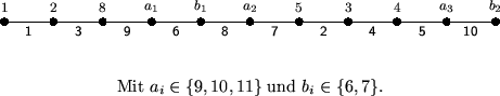 \begin{figure}
\begin{center}
\setlength{\unitlength}{1mm} \begin{picture}
(11...
...ure}\par Mit $a_i\in\{9,10,11\}$\ und $b_i\in\{6,7\}$.
\end{center}\end{figure}