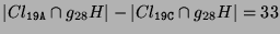 $\displaystyle \vert Cl_{\texttt{19A}}\cap g_{28} H\vert - \vert Cl_{\texttt{19C}} \cap g_{28}
H\vert = 33$