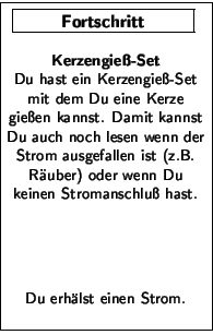 \FortschrittsKarte{Kerzengie\ss{}-Set}{Du hast ein Kerzengie\ss{}-Set mit dem
D...
...{} hast.\\ \vfill Du erh\uml {a}lst einen \htmlref{Strom}{sec:Strom}.\bigskip }